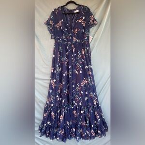 Mac Duggal Navy Multicolor Flounce Sleeve Floral Maxi Dress Size 12 NWT